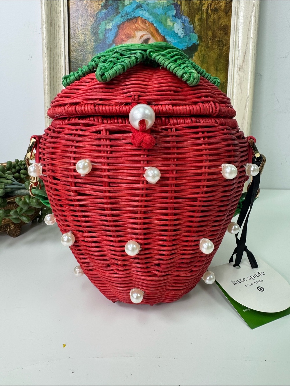 Kate Spade New York X Target Pearl Embellished Strawberry Wicker Basket Bag NWT - Picture 2 of 10
